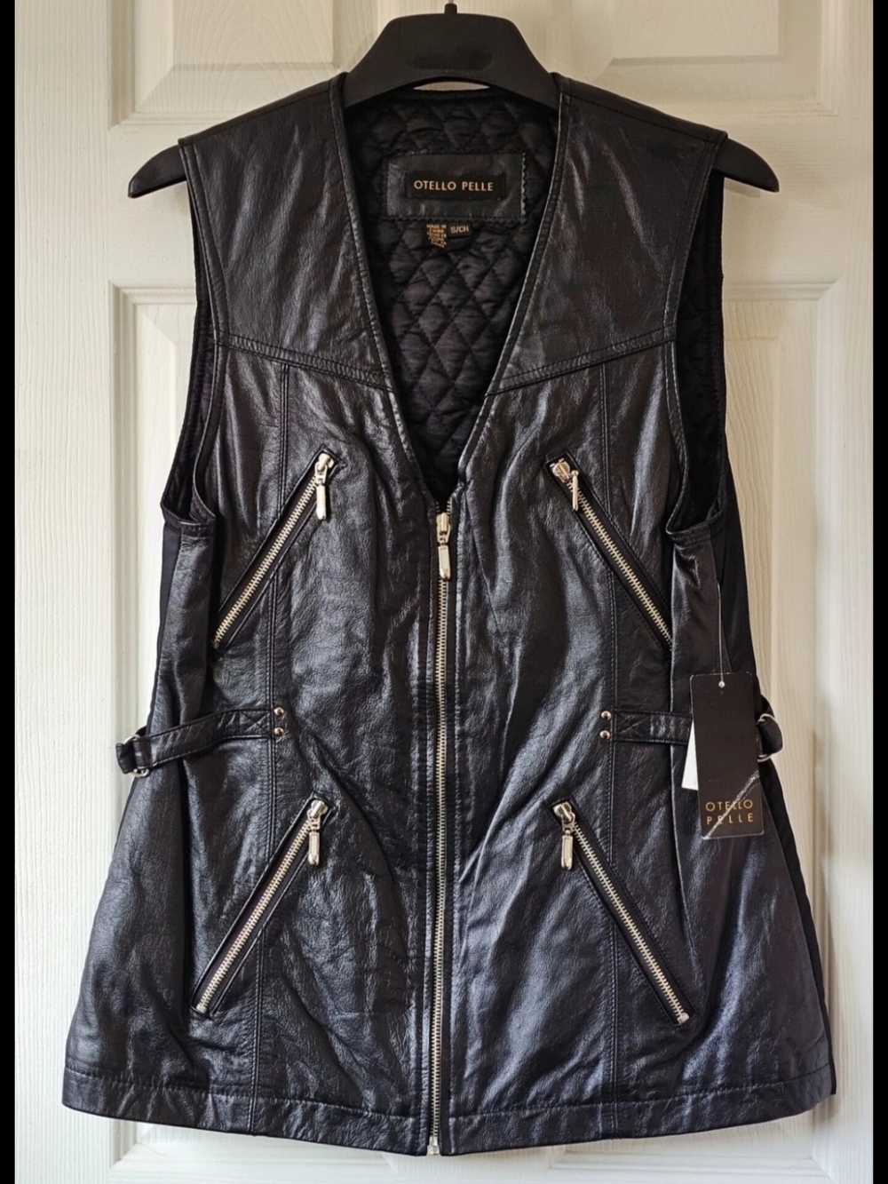Otello Pelle Black Leather Vest New Zip Belt Pockets Size Small 90s/Y2K